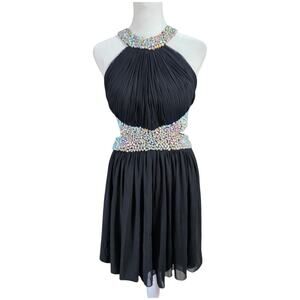 Johnny Cinderella Divine Black Rhinestone Halter Open Back Cocktail Dress XL
